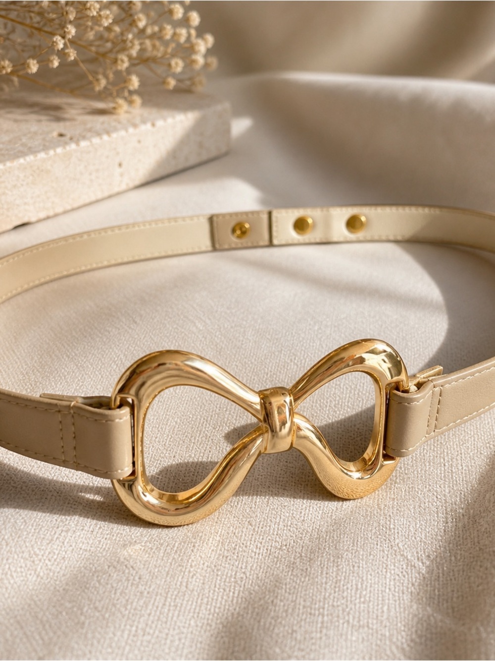 Vintage Gold Bow Belt | Cream Leather Waist Belt | Minimal Chic